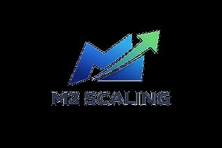 M2 Scaling logo featuring blue geometric shapes with an upward trending green arrow on black background